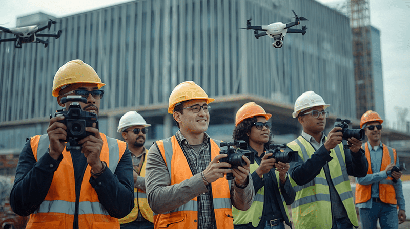 Representar a un equipo de producción audiovisual trabajando en una obra de construcción con cámaras y drones, destacando la generación de contenido corporativo y registro técnico para proyectos de ingeniería, arquitectura y construcción en Perú.